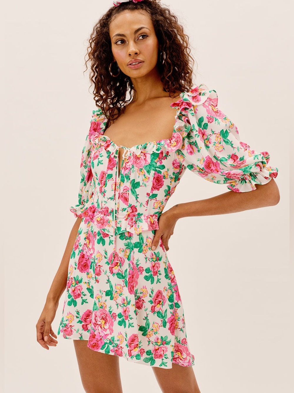 For Love & Lemons Imogen Mini Dress XL Floral Ruffle Corset Tie Back Cottagecore